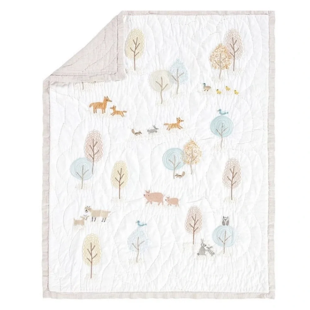 Pottery Barn Kids Woodland Animals Quilted Baby Blanket for crib 100% cotton